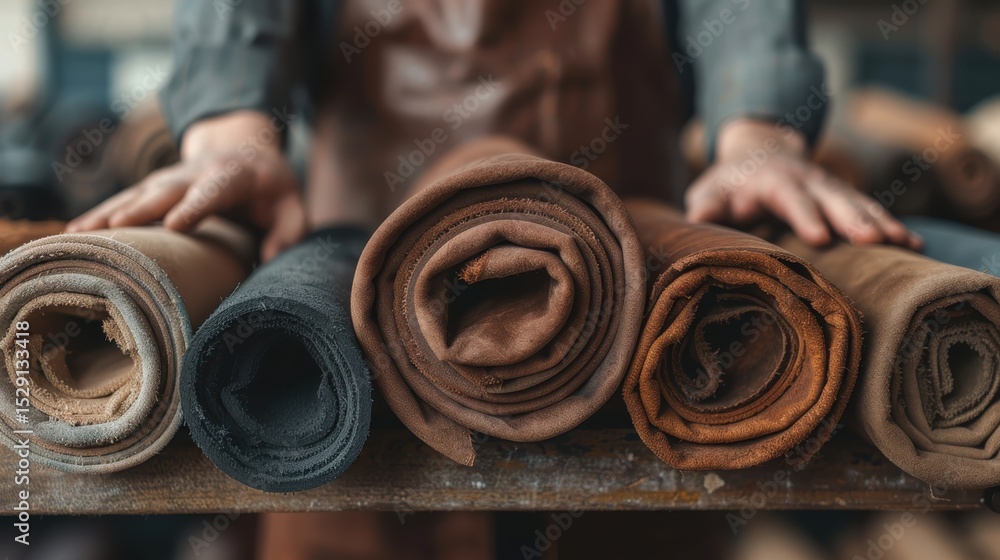 Poster this image presents a close-up view of various rolled leather hides displaying rich textures and col