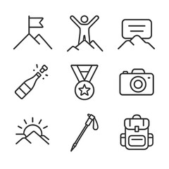 Obraz premium Summit Celebration Icons. Outline icon set of summit celebration: flag planting, cheering climber, summit plaque, champagne bottle