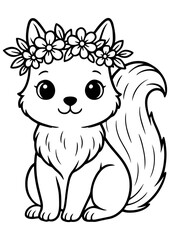 Adorable black and white squirrel character with flower crown, sitting. Ideal for engraving, logo, print, book art, and creative projects