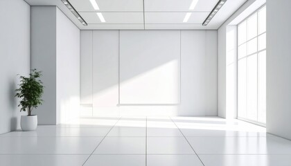 Obraz premium Bright White Interior Room with Large Window and Potted Plant Minimalist Design