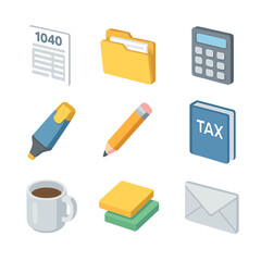 Tax Prep Icon Set. Isometric Flat icon set of tax preparation workspace: tax form 1040, financial folder, calculator, highlighter,