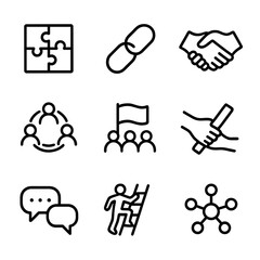 Teamwork Icon Set. Outline icon set of teamwork collaboration: puzzle pieces, linked chain, handshake, group circle, shared flag,