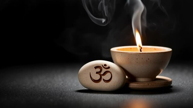 Tranquil candle and om symbol stone. Peaceful atmosphere with lit candle in wooden holder and engraved stone. Serene scene perfect for meditation or yoga videos.