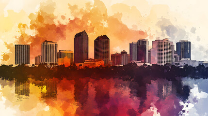 Florida skyline illustration in black and simple watercolor on an abstract watercolor background. Watercolor painting background.