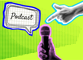Trendy Halftone Collage with hand holding Microphone for Podcast and speech bubble. Broadcast recording. Listen to educational content. Online radio. Audio streaming service.	