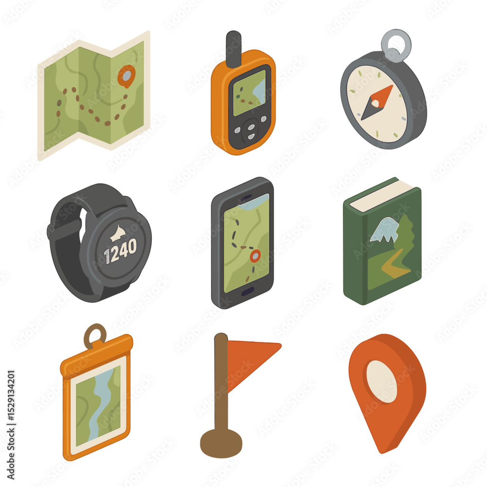 Poster trail navigation icon set. isometric flat icon set of trail navigation tools: paper map, gps device,