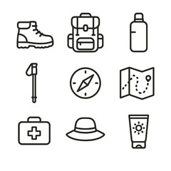 Fototapeta premium Trail Gear Icons. Outline icon set of trail gear and essentials: hiking boots, backpack pack, water bottle, walking stick, compass