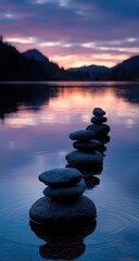 Peaceful Stone Arrangement On Calm Lake Water At Sunset