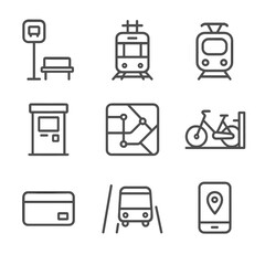 Transport Icons Grid. Outline icon set of public transportation network: bus stop, tram track, subway train, ticket kiosk, transit