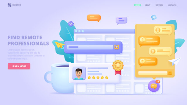 Freelancer hiring platform with online chat and candidate profiles. Remote job search website and recruitment app concept. 3d isolated vector illustration.  Hero image