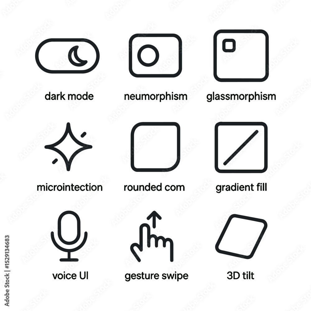 Poster ux design icon set. outline icon set of ux/ui design trends: dark mode toggle, neumorphism button, g