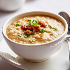 closeup shot ready to serve Harees wheat and meat porridge smooth texture served warm isolated on white background vertical orientation four to five trending SEO food photography composition