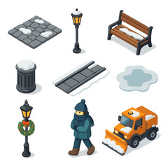 Urban Winter Icon Set. Isometric Flat icon set of urban winter walkway: cobblestone path, streetlamp, park bench, trash bin, tram