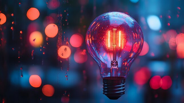 A glowing lightbulb against a backdrop of rain-streaked city lights