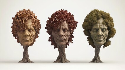 Three stylized tree-head portraits, autumnal hues, muted tones