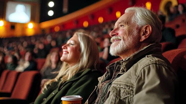 Couple enjoys an evening watching a film in a busy movie theater full of excited viewers, Couple watching a film in crowded movie theatre