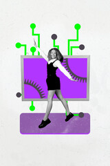 Vertical poster artwork collage of happy schoolgirl stand pc monitor gearwheel optimization ai...