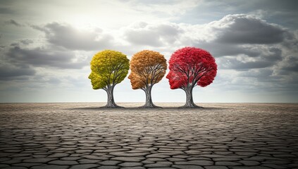 Three stylized trees with human faces, autumnal colors, on a cracked earth landscape