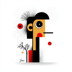 Abstract Geometric Portrait Stylized Female Figure in Black, Red, and White