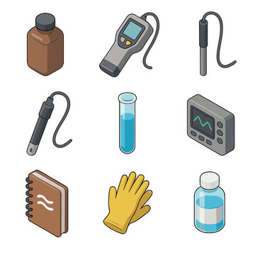 Water Quality Monitoring Icons. Isometric Flat icon set of river water quality monitoring: sampling bottle, turbidity meter, pH
