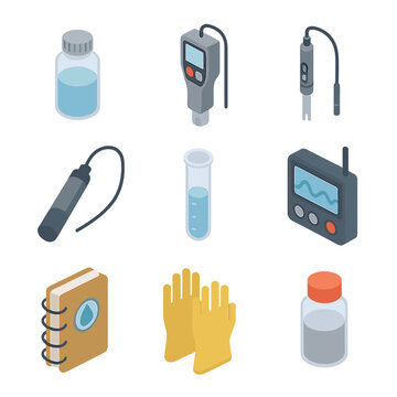 Water Quality Monitoring Icons. Isometric Flat icon set of river water quality monitoring: sampling bottle, turbidity meter, pH