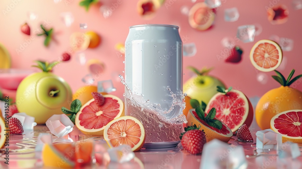 Poster a refreshing can of soda splashes water amidst a vibrant array of fresh fruits, symbolizing rejuvena