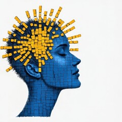 Abstract Mosaic Portrait Blue and Yellow Sunburst Head
