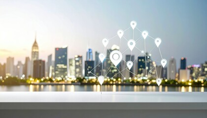 Cityscape Featuring Digital Location Markers Overlaying Blurred Background Representing Location Based Technology