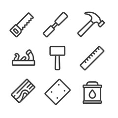 Fototapeta premium Woodworking Tools Icons. Outline icon set of woodworking and carving: hand saw, chisel, hammer, wood plane, mallet, ruler, wood