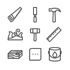 Fototapeta premium Woodworking Tools Icons. Outline icon set of woodworking and carving: hand saw, chisel, hammer, wood plane, mallet, ruler, wood