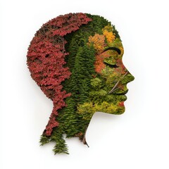 Autumn Leaves and Moss Female Head Profile Abstract Art