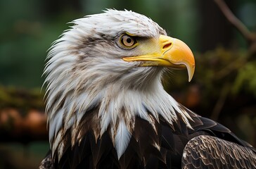 Naklejka premium A stunning close-up portrait of a majestic eagle, capturing its intense gaze and intricate feather details, embodying strength, freedom, and the beauty of wildlife.