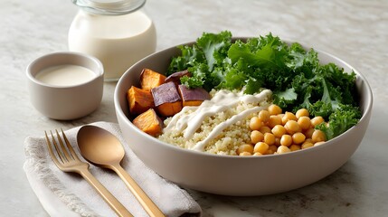 Healthy grain bowl with kale, chickpeas, and roasted sweet potatoes.