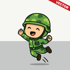 Cute army kids jumping gesture vector style editable illustration