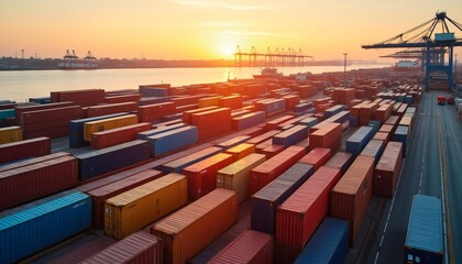 Fototapeta premium Global Trade Colorful Shipping Containers at Sunset Port Aerial View