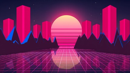 Retro futuristic city at sunset