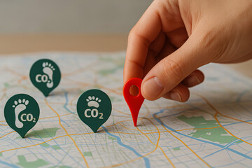 Green logistics sustainability management concept with carbon footprint markers on city map