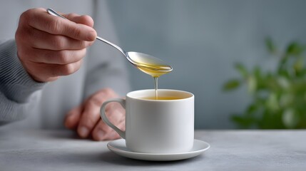 Hand stirring honey into a cup of tea on a table.