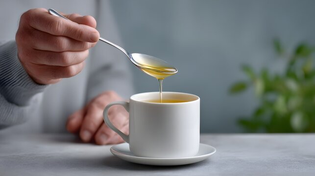 Hand stirring honey into a cup of tea on a table.