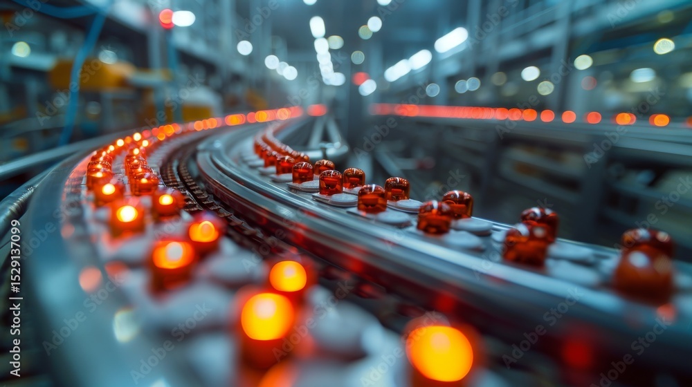 Poster a dynamic view of a conveyor belt in a factory setting filled with glowing led lights, illustrating 