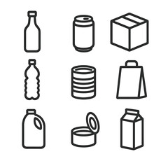 Recycling Icons Grid. Flat icon set of recyclable materials: glass bottle, aluminum can, cardboard box, PET bottle, steel tin,