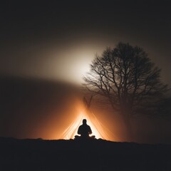 A man sits in a teepee in the woods at night