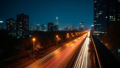 Fototapeta premium Night Cityscape Illuminated Highway with City Skyline at Night