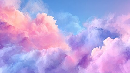 Colorful fluffy clouds in a blue sky create a dreamy ethereal atmosphere.
