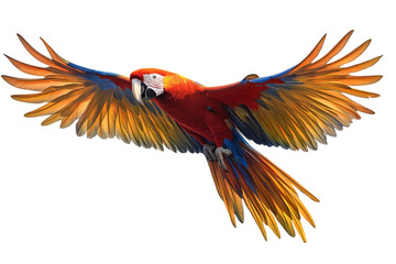 Obraz premium Scarlet Macaw parrot in flight isolated on white background, perfect for bold, vivid design concepts