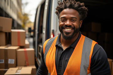 A cheerful delivery man wearing an orange vest poses with packages near a van in an urban environment, highlighting the dedication and positivity in essential delivery services.