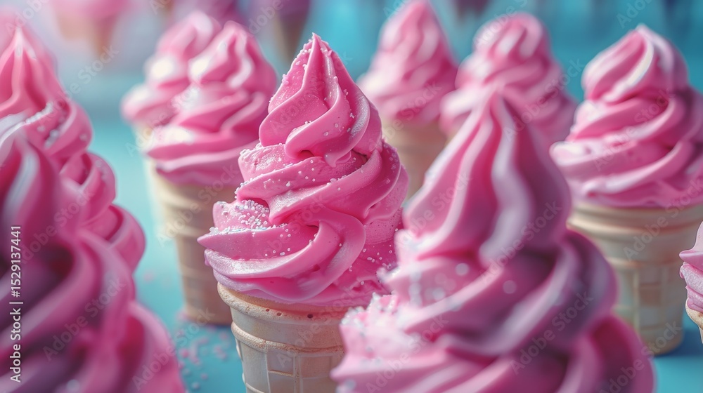 Poster A vibrant display of pink ice cream cones topped with a swirl of soft serve and colorful sprinkles, inviting nostalgia and joy through bright colors and textures.