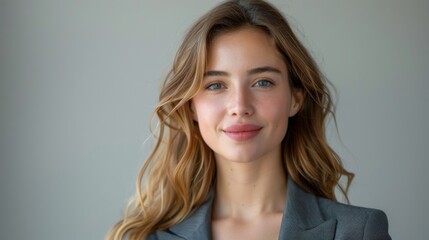 Obraz premium A smiling woman exuding natural beauty and confidence in a professional setting, embodying contemporary elegance and the essence of modern femininity in an understated way.
