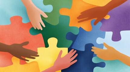 Diverse hands reach towards mismatched puzzle pieces, highlighting cooperation and creativity. A warm and colorful background enhances the theme of unity and teamwork
