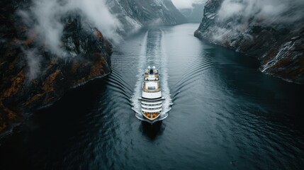 A majestic cruise ship sails through narrow fjord waters, surrounded by towering cliffs and misty mountains, showcasing nature's breathtaking beauty in a tranquil environment.